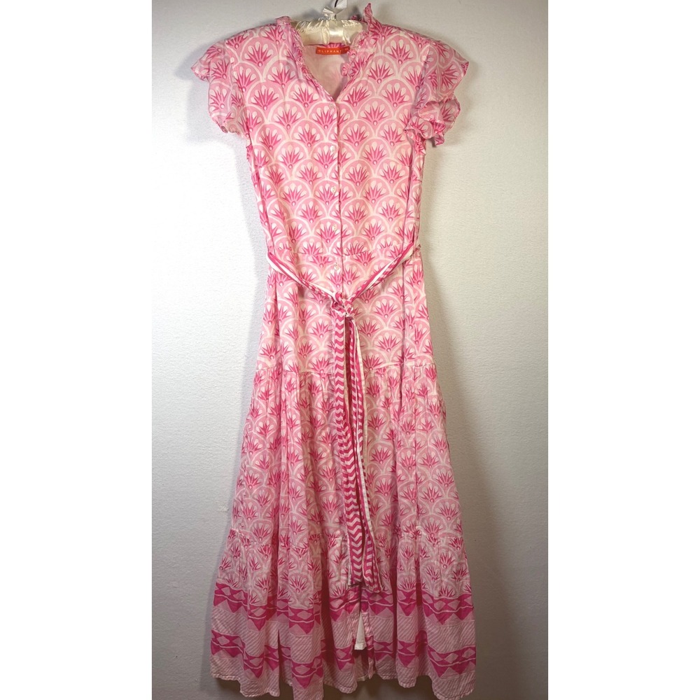 Oliphant Maxi Dress Womens XS Pink Excellent Block Print Ruffle Tiered Belted